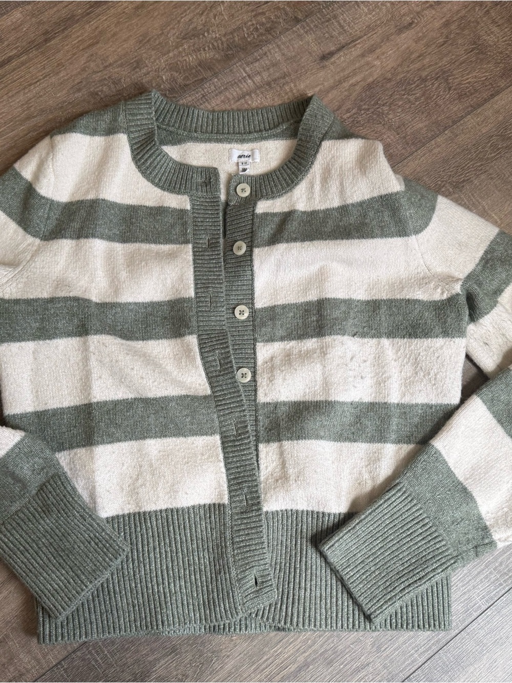 aerie Striped Button-Front Cardigan in Sage Green & Cream